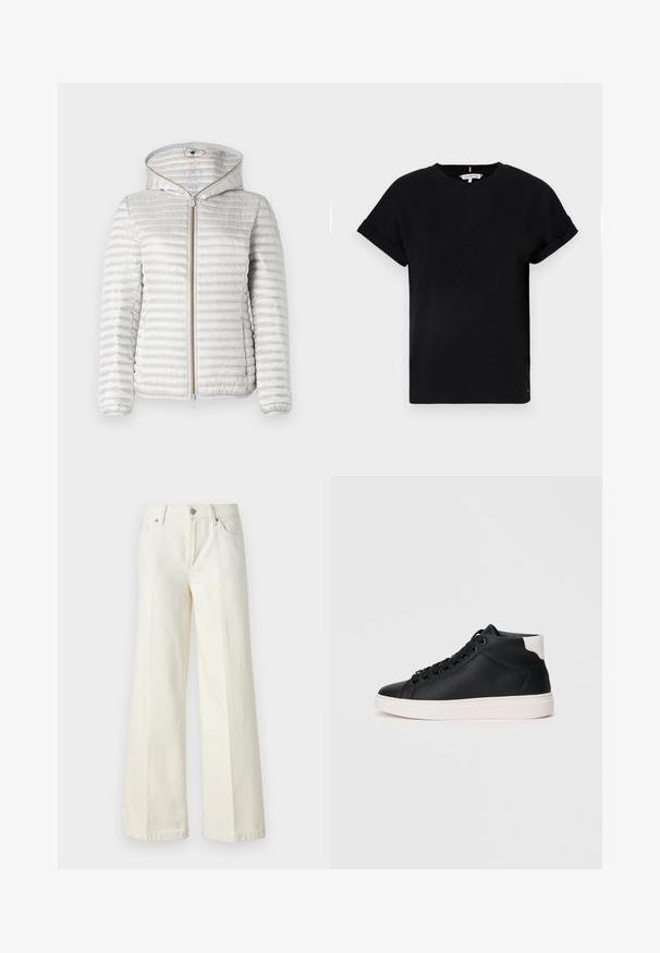 Gaiši pelēks ar pildījumu pufers jaka ar kapuci, ar priekšējo rāvējslēdzēju, ribotām aprocēm un gludu, atstarotāju tekstūru.; Melns kokvilnas T-krekls ar sarullētām īsām piedurknēm, centrā ir izcilināts logo un neliels karoga akcents sānos.; Platās kāju baltās džinsas, izgatavotas no kokvilnas maisījuma auduma. Tām ir rāvējslēdzēja josta, piecu kabatu dizains un šuvju izšuvumi gar šuvēm.; Melnas augstās tenisa kurpes, izgatavotas no gludas ādas ar baltu gumijas zoli, aprīkotas ar apaļām šņorēm, mīkstu apkakli un kontrastējošu papēža akcentu.