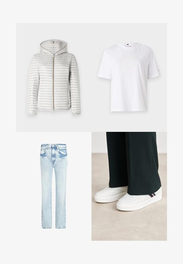 Hele halli tikitud puhvis jakk kapuutsiga, mis sisaldab esist lukku, soonikuga varrukaid ja siledat, peegeldavat tekstuuri.; Valge puuvillane T-särk ümarate kaelaaukude, lühikeste varrukate ja peene kollase logoga, millel on tekst "HILFIGER NEW YORK 1985". Tavaline lõige.; Heledad sinised teksapüksid otse jala kujundusega, viie taskuga ja pleekinud tekstuuriga. Omab nähtavaid õmblusi ja klassikalist nööbiga sulgemist.; Valged tennisetooted tekstureeritud viimistlusega, madala profiiliga, ümarate varvastega ja triibulise aktsendiga küljel. Kombineeritud tumedate pükstega.