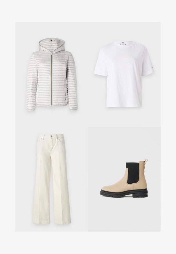 Giacca imbottita a soffietto grigia chiara con cappuccio, dotata di zip frontale, polsini a costine e una texture liscia e riflettente.; T-shirt bianco in cotone con scollo rotondo, maniche corte e un discreto logo giallo che recita "HILFIGER NEW YORK 1985." Vestibilità standard.; Jeans bianchi a gamba larga realizzati in tessuto misto cotone. Presentano una chiusura lampo, design a cinque tasche e cuciture lungo le cuciture.; Stivaletto in pelle beige con pannello laterale in elastico nero, punta tondeggiante e suola in gomma testurizzata. Caratterizzato da una linguetta sul retro.