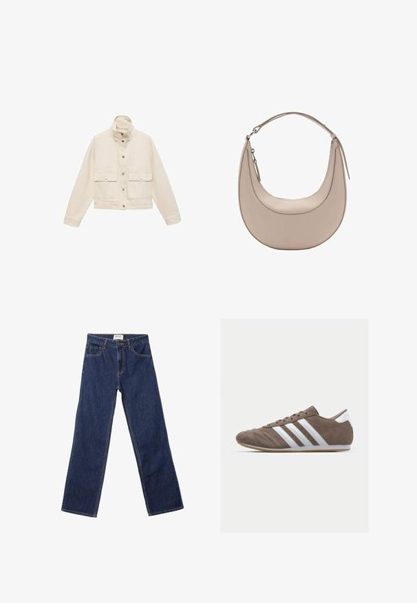 Svetlo bež skrajšan jopič z visokim ovratnikom, dvema sprednjima žepoma, zaponkami in gladkim, teksturiranim materialom.; Braun majica s kratkimi rokavi, izdelana iz mehkega bombaža. Ima okroglo ovratnico in širok kroj, z gladko teksturo in brez vidnih vzorcev.; Temno modri ravni jeans z sprednjimi žepi, zanke za pas in gumbnim zapiranjem.; Rjav semafor športni copat z belimi črtami, okroglo nos, vezalni dizajn in gumijastim podplatom. Tekstura zgornjega dela s šivi.; Bež usnjena torba za rame v obliki kružnice, z gladko teksturo in eno ukrivljeno zanko. Ima zadrgo in urejen šiv.