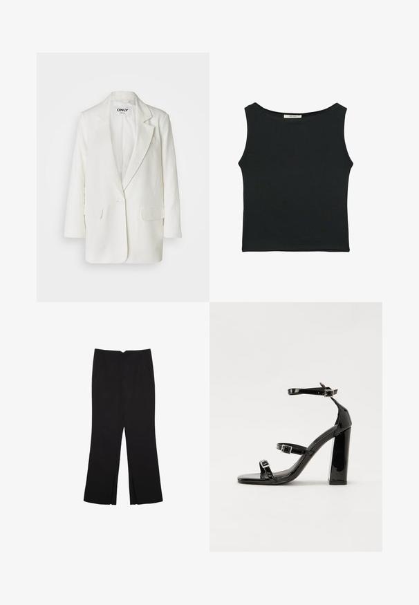 ONLY ONLCARO - Blejzer - cloud dancer; Čierny bezrukávový top vyrobený z hladkej tkaniny, s okrúhlym výstrihom a priliehavým strihom bez viditeľných vzorov alebo ozdôb.; Čierne nohavice so strihom rovného strihu, s prednými vreckami a bočnými rozparkami na leme. Vyrobené z mäkkej, hladkej tkaniny. Vhodné na rôzne príležitosti.; Čierne lakované sandále na podpätku so štvorcovou špičkou, navlečenými remienkami okolo členku a striebornými prackami. Disponujú masívnym blokovým podpätkom pre stabilitu.