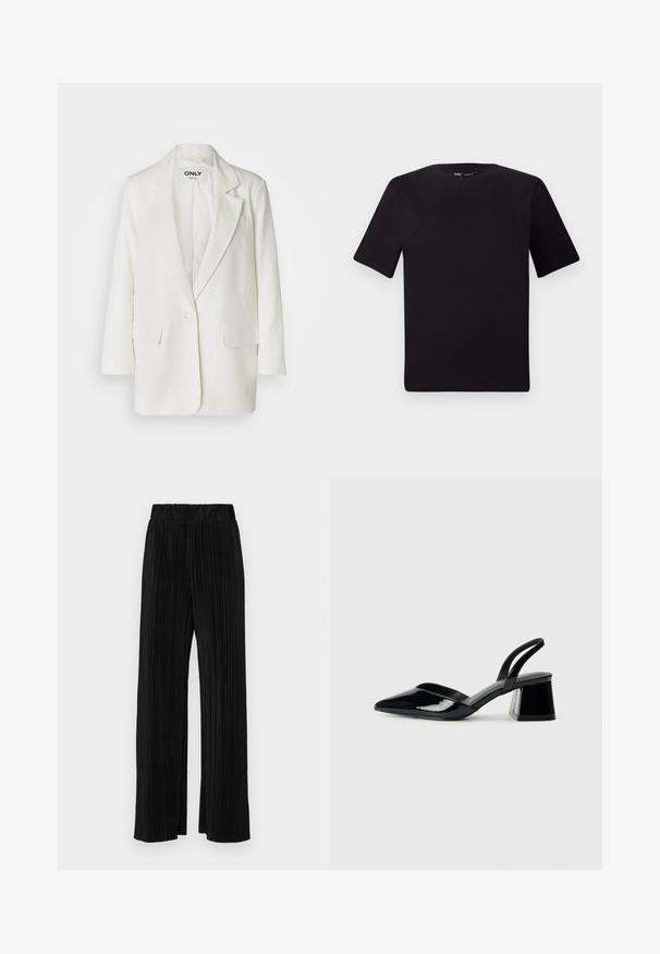 ONLY ONLCARO - Bleiser - cloud dancer; Must olema lühikeste varrukatega must t-särk ümmarguse kaelusega, valmistatud pehmest puuvillast kangast. Lihtne disain, ilma nähtavate logode või mustriteta.; Mustad pleekitud püksid elastse vöökohtaga. Omavad laiad jalad ja sujuvat, tekstureeritud kangast vertikaalsete triipudega.; Mustad musta lakknahk kingad, millel on terav varvas ja geomeetriline plokkkonts. Omab elegantselt minimalistlikku disaini ja sujuvat tekstuuri.