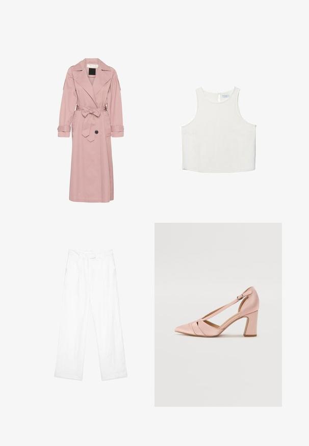 Roza trensha iz lahkotnega materiala, z pasom, velikim ovratnikom in gumbastim zapiranjem. Vključuje naramnice in stranske žepke.; Bela brezrokavna majica z okroglim dekoltejem, ki se ponaša z diskretno teksturo, detajlom ključavnice na hrbtu in ravnim robom.; Beli laneni hlače z ohlapnim krojem, ravnimi nogami, sprednjimi žepi in ravnim pasom. Gladka tekstura po celotni površini.; Roza satenska visoka peta čevlja z ostrim nosom in prilagodljivim gležnjevim trakom, ki ima diagonalne izreze in masiven peto.