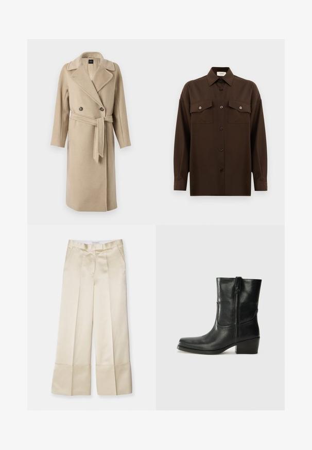 WEEKEND MaxMara RESINA - Palton clasic - beige; Cămașă lungă, cu mâneci lungi, de culoare maro închis, cu două buzunare frontale cu clapetă și guler clasic, expusă pe un fundal alb simplu.; Pantaloni largi bej dintr-un material neted, cu talie înaltă, față plisată și tiv flectat, având buzunare laterale și un finisaj curat.; Botine din piele neagră, cu vârf rotund, toc pătrat, fermoar pe lateral și accente de cusături pe partea superioară. Textură netedă, design clasic.
