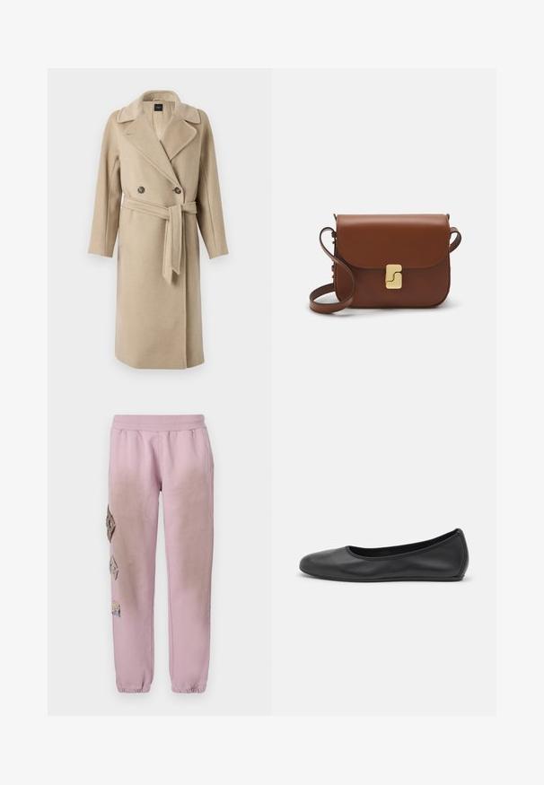 WEEKEND MaxMara RESINA - Klasisks mētelis - beige; Melnas garām piedurknēm turtleneck blūze, izgatavota no gludas auduma, ar krokotu apkakli un pieguļošu siluetu, kas ir ar vienkāršām malām.; Rozā sporta bikses ar elastīgu jostu, kurām labajā pusē ir dekoratīvi uzliktni dimanta formā un elastīgas apkakles pie potītēm.; Melna ādas baleta kurpe ar noapaļotu purngalu, gludu tekstūru, minimālu šuvju detalizāciju un elastīgu zoles dizainu.; Bordo ādas rokas soma ar atloku, zeltītām detaļām, plecu siksnu un gludu virsmu. Kompakta, taisnstūrveida forma.