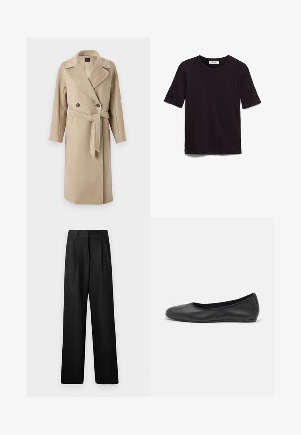 Weekend Max Mara RESINA - Klassisk frakke - beige; Sort T-shirt med korte ærmer lavet af blødt bomuldsstof, med rund halsudskæring og en glat, jævn tekstur samt et minimalistisk design.; Sorte vide bukser med en glat tekstur, med forkørsler og høj talje design. Fremstillet af et let stof.; Sort læderballetsko med rund tå, glat tekstur, minimal syning og et fleksibelt såldesign.