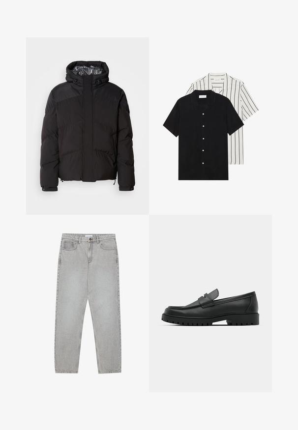 Juodas pūkinis švarkas su gobtuvu, horizontaliomis siūlėmis ir blizgia vidaus pamušalu. Į komplektą įeina virvelės apatinėje dalyje ir rankogaliuose pritaikymui.; Du šortais rankovėmis marškiniai: vieni visiškai juodi, kiti balti su juodomis vertikaliomis juostelėmis. Abu turi mygtukų užsegimus ir klasikinį apykaklę.; Šviesiai pilki džinsai su tiesiu kirpimu, penkiais kišenėmis ir mygtuko uždarymu. Matoma siuvimo linija palei siūles.; Juodi odiniai loaferiai su apvalia nosimi, su siuvinėtu dizainu, žemu platformos padu ir tekstūruotu, sukibimo raštu padu.