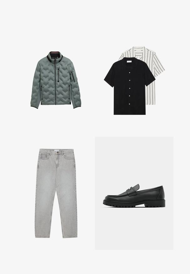 Jachetă matlasată gri deschis cu margini negre, fermoar frontal complet, buzunare cu fermoar pe piept și laterale, și buzunar cu fermoar pe mâneca stângă.; Două cămăși cu mânecă scurtă: una complet neagră, iar cealaltă albă cu dungi verticale negre. Ambele au închidere cu nasturi și un guler clasic.; Pantaloni din denim gri deschis cu un design cu picioare drepte, stil cu cinci buzunare și închidere cu nasture. Cusături vizibile de-a lungul cusăturilor.; Mocasini din piele neagră cu vârful rotunjit, având un design cusut, talpă joasă și o talpă din cauciuc texturat, cu crampoane.
