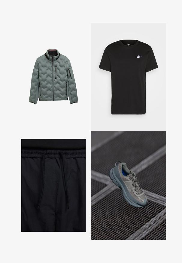 Šviesiai pilkas siuvinėtas švarkas su juodu apvadu, visiškai užtrauktas priekyje, krūtinės ir šoninės užtrauktukų kišenės bei užtrauktuku užsegama kišenė ant kairiojo rankovės.; Juodas medvilninis marškinėliai su trumpomis rankovėmis, apvaliu iškirpimu ir mažu baltu Nike logotipu viršutinėje kairėje krūtinės pusėje. Lygus paviršius. Klasikinis kirpimas.; Juodos šortai su raišteliu juosmens srityje, lengva medžiaga su lygiu paviršiumi ir paprastas dizainas be matomų logotipų ar raštų.; Bežiniai ir pilki sportiniai bateliai su tekstūruotu tinkliniu viršumi, apvaliu pirštu ir guminiais padais, turi raištelius ir paminkštintą apykaklę.