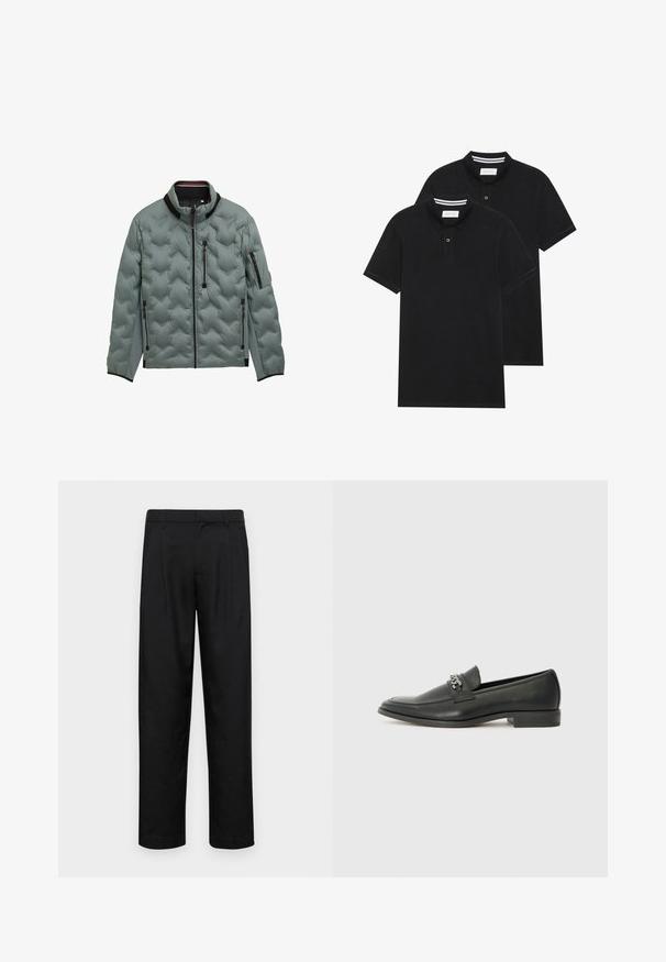Svijetlosiva podstavljena jakna s crnim detaljima, puni prednji patentni zatvarač, džepovi s patentnim zatvaračem na grudima i sa strane, te džep s patentnim zatvaračem na lijevom rukavu.; Dva crna polo majice, kratki rukavi, pamučni materijal, sa klasičnom ovratnikom, čepom sa dva gumba i bijelim prugastim detaljima unutar ovratnika.; Crne hlače od glatkog materijala, s dizajnom ravnih nogavica, dva prednja nabora i standardnim pojasom s petljama za remen.; Crna kožna loafer cipela s glatkom finišem, s ušivenim uzorkom i dekorativnim metalnim lancem preko prednjeg dijela. Ravni potplat.
