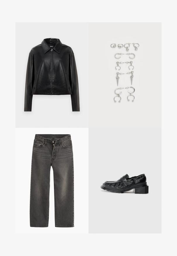 Jaqueta de couro sintético preta com zipper frontal total, gola pontuda e bolsos laterais, exibida sobre um fundo branco.; Top preto de malha canelada sem mangas com decote redondo, decorado com vários lantejoulas e contas brilhantes em múltiplas formas e cores.; Calças de ganga pretas com design de perna reta, cintura alta e braguilha abotoada. Apresentam desbotamento subtil e costura em contraste.; Mocassins de couro preto com uma sola estruturada, apresentando um salto em bloco ligeiramente elevado e um superior texturizado, fixados por uma tira frontal.; Conjunto de brincos de prata com diversos designs: argolas, studs e modelos pendentes, com acentos de bola e elementos pontiagudos.