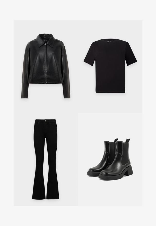 Jachetă din piele sintetică neagră cu fermoar pe întreaga lungime, guler ascuțit și buzunare laterale, expusă pe un fundal alb.; Tricou scurt negru cu mânecă scurtă și guler rotund, realizat dintr-un material de bumbac moale. Design simplu, fără logo-uri sau modele vizibile.; Jeans negri cu talie înaltă, cu închidere prin nasture și fermoar, buzunare frontale și picioare evazate, așezați pe un fundal alb.; Botine Chelsea din piele neagră, cu toc masiv, panouri laterale elastice și cusături albe contrastante. Finisaj texturat.
