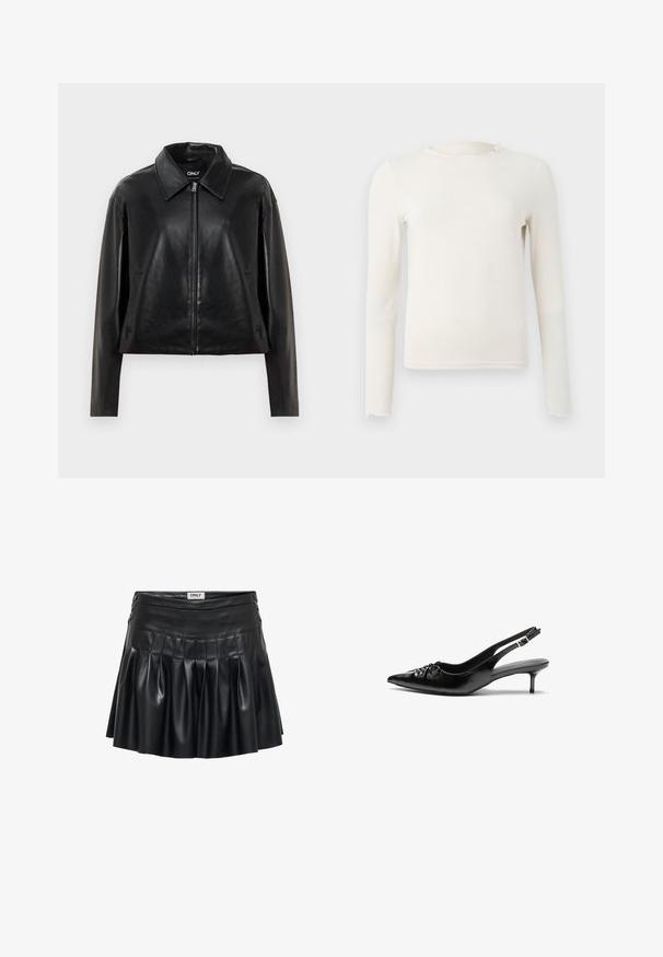 Black faux leather jacket with full front zipper, pointed collar, and side pockets, displayed against a white background.; Long-sleeve, cream-colored fitted top with ruffled crew neckline and hem, displayed on a plain light gray background.; Black faux leather skirt featuring pleats, a fitted waist, and decorative hardware on the sides. Smooth texture with a lustrous finish.; Black leather slingback heels with a pointed toe, small kitten heel, and a decorative knot detail on the front. Smooth texture throughout.