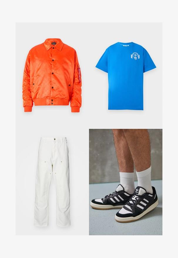 Svetlooranžová saténová bomber bunda s čiernymi gombíkmi, rebrovanými manžetami a bočnými vreckami. Má jemný vzor a značkovú nášivku na rukáve.; Modrá bavlnená tričko s krátkymi rukávmi. Obsahuje biely grafický dizajn na prednej strane, zobrazuje postavu s slúchadlami a oblúkom.; Biele bavlnené cargo nohavice s voľným strihom. Medzi vlastnosti patrí predné vrecká, zlaté detaily a zosilnené kolenné časti.; Čierno-biele tenisky s vrchom z semišu a kože, s troma bielymi pruhmi, perforovanou špičkou a gumovou podrážkou.