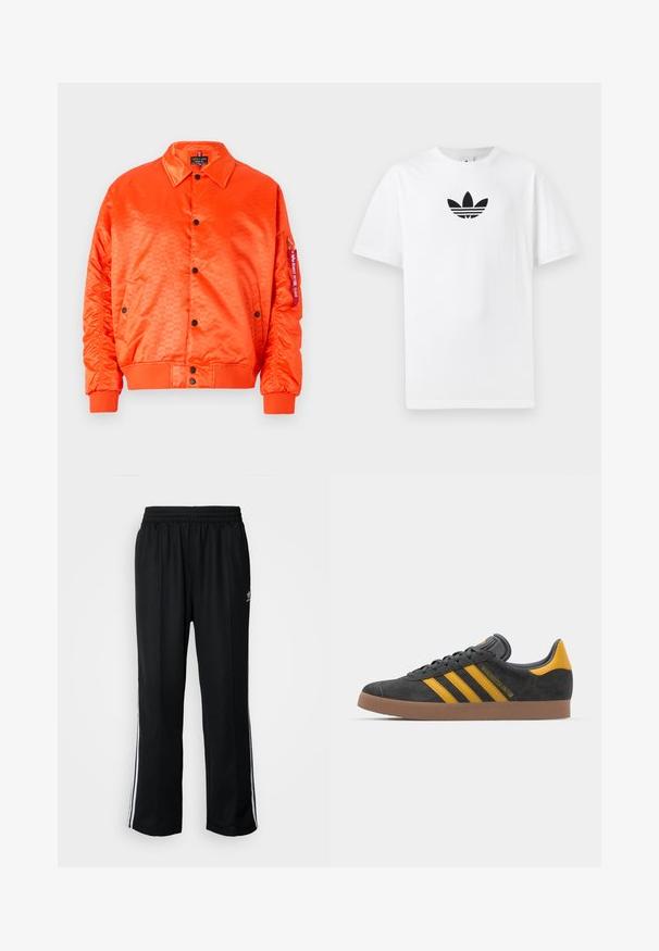 Erksoran satiinbombers, millel on mustad nupud, soonikkoesed ja küljetaskud. Omab peent mustrit ja bränditud silti varrukal.; Valge puuvillane T-särk, millel on must Adidas logo keskel. Lühikesed varrukad ja ümmargune kaelus. Sile tekstuur.; Mustad mustad spordipüksid elastse vöökohaga, millel on valged küljeread ja väike logo. Materjal tundub pehme ja kerge.; Mustad sametist spordijalatsid kollaste aktsentidega, millel on kolm triipu ja pruun kummitald. Mugavuse tagamiseks on neil pehmendatud keele osa.