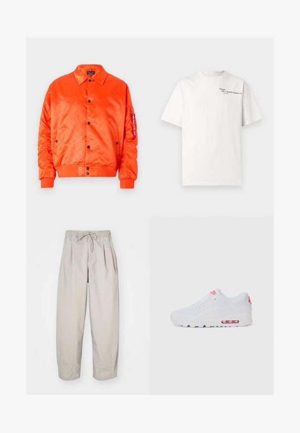 Fényes narancssárga selyem bomber dzseki fekete gombokkal, bordázott mandzsettával és oldalsó zsebekkel. Finom mintázattal és márkás címkével a ujjon.; Fehér pamut rövid ujjú póló környakú kivitelben, a mellkason fekete nyomtatott szöveggel: "Carhartt Work in Progress 1989."; Beige, könnyű nadrág, rugalmas derékkal és zsinórral. Ráncokkal és laza szabással rendelkezik, puha, sima anyagból készült.; Fehér sportcipő, sima felsőrésszel, fűzős zárással, párnázott talppal és látható légpárnával, piros részletekkel a logón.