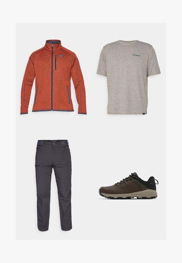 Patagonia BETTER SWEATER - Fleece jacket - burnished red; Gray short-sleeve t-shirt made of soft, textured fabric featuring a small blue Patagonia logo on the left chest. No additional patterns.; Dark gray trousers made of durable fabric, featuring a zippered pocket, straight cut, and belt loops for adjustable fit.; Brown waterproof sneakers with a textured upper, perforated accents, black heel support, and a grey rubber sole. Laces are styled with metallic ends.