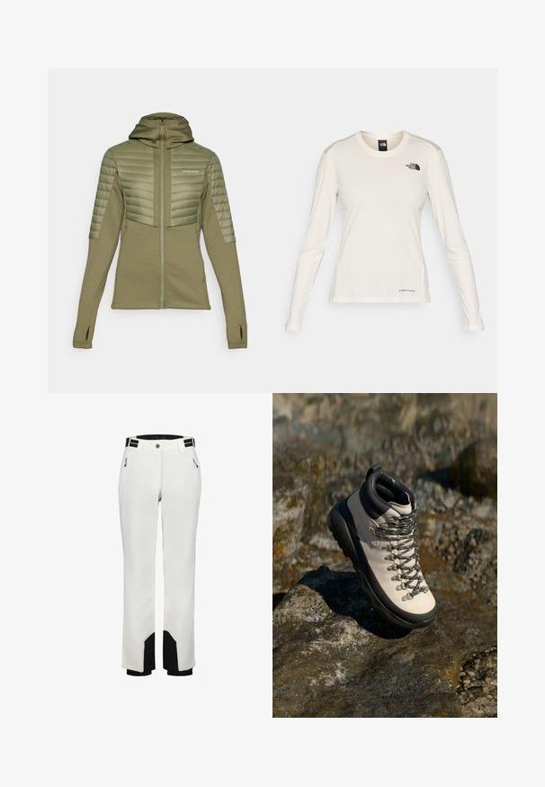 Didriksons ANNEMA - Outdoorová bunda - wild forest green; The North Face SHADOW LONG SLEEVE - Top s dlouhým rukávem - white dune; Bílé sněhové kalhoty s rovnými nohavicemi, černými akcenty na manžetách a zipovými kapsami po stranách. Odolný, povětrnostně odolný materiál.; Svetle béžové turistické boty s černou gumovou podrážkou, flexibilním svrškem, kovovými oky a šedými tkaničkami, umístěné na kamenitém povrchu.