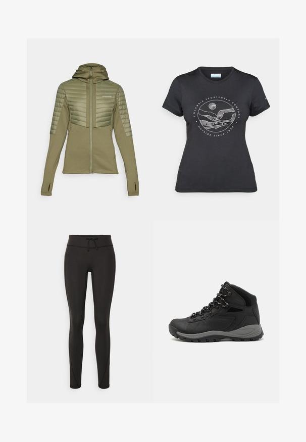 Didriksons ANNEMA - Lauko striukė - wild forest green; Juodas "Columbia" marškinėliai su balta apskrita kalnų ir upės linijų grafika bei tekstu "Columbia Sportswear Company Lauke nuo 1938 metų."; Juodi leggingai su aukšta juosmeniu, raišteliu, lygiu paviršiumi ir prigludusia forma. Yra siuvimo detalės šonuose.; Juodas žygio botas su vidutinio aukščio dizainu, pasižymintis tekstūruota viršutine dalimi, pilkų akcentų ir patvaria guma padanga su sukibimo gumbais.