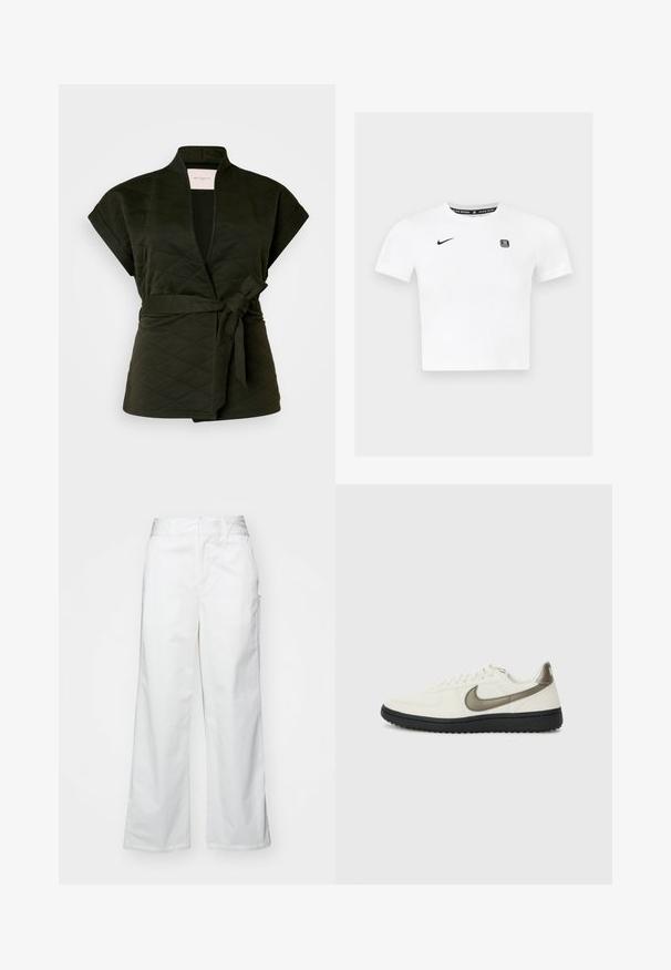 Patalynės apklotų viršus tamsiai žalias su trumpomis rankovėmis, rišamu dirželiu ir giliu V formos iškirpimu. Pasižymi deimantų raštu ir minkšta tekstūra.; Balta trumpa rankovė t-shirt su apvaliu kaklu, juoda Nike logotipu kairėje krūtinės pusėje ir grafiniu etiketė vidinėje apykaklėje.; Balti plačios kojos kelnės, pagamintos iš medvilnės, turinčios lygią tekstūrą, tiesų siluetą, priekinės kišenės ir švarų apvado kraštą.; Nike Sportswear FIELD GENERAL - Sportbačiai - off-white/black
