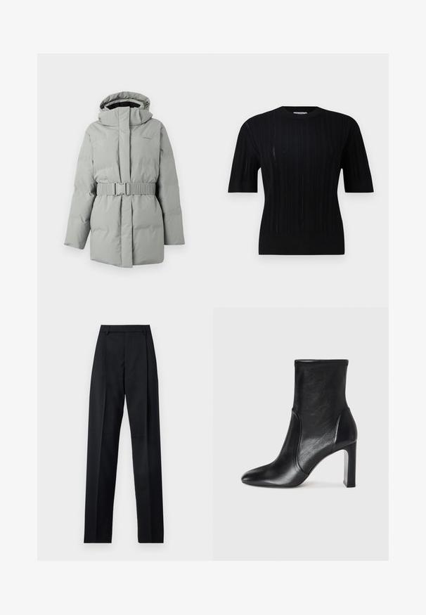 Šviesiai pilkas pūkinis švarkas su kapišonu ir diržu, pasižymintis lygia tekstūra ir minimaliu ženklinimu kairėje viršutinėje pusėje.; Filippa K BRAID - Džemperis - black; Juodos kelnės iš lygaus audinio, pasižyminčios aukštu liemeniu, plačiomis kojomis, priekinėmis klostėmis ir klasikiais diržo kilpomis. Šoninių kišenių nematyti.; Juodas odinis kulkšninis botas su elegantišku dizainu, smailiu pirštu ir aukštu blokiniu kulnu. Su lygiu paviršiumi ir minimalistišku siuvimo detaile.