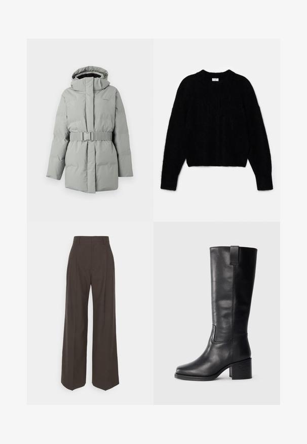 Vaaleanharmaa pehmeä takki, jossa on huppu ja vyöllinen vyötärö. Takissa on sileä pinta ja minimaalinen brändäys vasemmassa yläkulmassa.; Mustavilla lyhyt neuletakki, joka on valmistettu paksusta materiaalista. Siinä on pyöreä kaula-aukko ja pitkät hihat, joilla on pehmeä rakenne. Minimalistinen muotoilu, ei kuvioita.; Tummanruskeat leveälahkeiset housut korkealla vyötäröllä, joissa on siistit prässäykset, sileä pinta ja muotoonommeltu istuvuus.; Mustat nahkasaappaat, jotka ulottuvat polveen, sileällä pinnalla, neliön muotoisella varvalla, tukkipohjalla ja sivussa olevalla vetoketjulla, joissa on vain minimaalista ompelua.