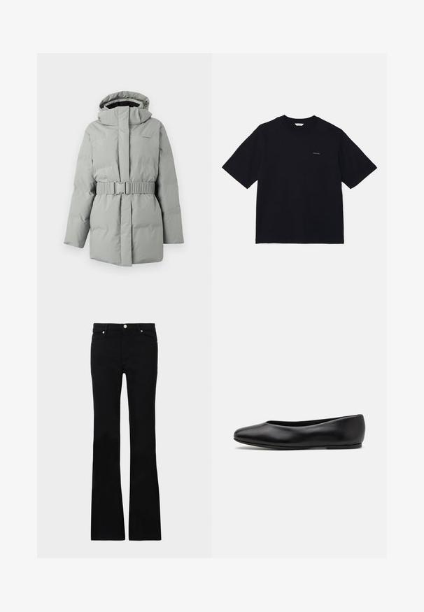 Svijetlosiva podstavljena jakna s kapuljačom i pojasom, s glatkom teksturom i minimalnim brendingom na gornjem lijevom dijelu.; Crna majica kratkih rukava od pamuka, s okruglim izrezom i malim logom na lijevoj strani prsa. Glatka tekstura i ležeran kroj.; Crne široke traperice izrađene od denima, s dva prednja džepa, kopčanjem na dugme i glatkom teksturom. Potpisna šavova vidljiva na šavovima.; Paul Smith TOPANGA - Balerinke - black