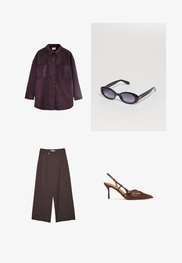 Next LIGHTWEIGHT SHACKET STANDARD - Kurzmantel - burgundy red; Weißer Strickpullover mit rundem Halsausschnitt, langen Ärmeln und lockerer Passform. Verfügt über ein strukturiertes Muster sowie Rippbündchen am Saum und an den Ärmeln.; Braune, weit geschnittene Hose mit Nadelstreifen, ausgestattet mit einem Knopf-Verschluss und Gürtelschlaufen, flach auf einem weißen Hintergrund präsentiert.; Braune Leder-Slingback-Absätze mit spitzem Zehenbereich, dünnem Stiletto-Absatz und goldenen Hardware-Akzenten. Mit über Kreuz verlaufenden Riemen über dem Fuß.; Schwarze ovale Sonnenbrille mit gradierten lila Gläsern. Glänzendes Kunststoffgestell und -bügel. Goldenes Logo am linken Bügel.; Schwarze Leder-Hobo-Tasche mit einer weichen, geschwungenen Form. Sie verfügt über einen breiten Oberhandgriff und Falten an der Basis für eine lässige Textur.