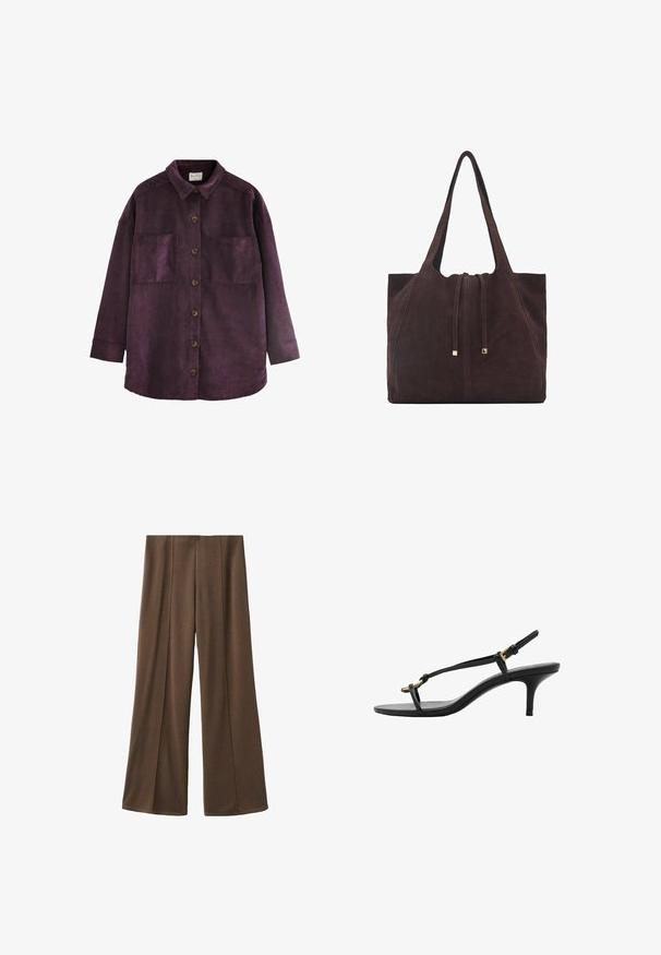 Next LIGHTWEIGHT SHACKET STANDARD - Palton scurt - burgundy red; Top tricotat, fără mâneci, de culoare marron, cu decolteu rotund. Prezintă o textură canelată și o croială lejeră. Design simplu, fără modele sau accente.; Pantaloni largi maro, confecționați dintr-un material moale, cu pliseuri pe față și un design curat, fără cusături al taliei.; Sandal cu toc kitten din piele neagră, cu curele subțiri, cataramă aurie și buclă minimalistă pentru degetele de la picioare, pe un fundal alb.; Mango Geantă de pânză - dark brown