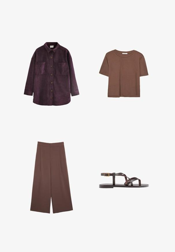 Next LIGHTWEIGHT SHACKET STANDARD - Kurzmantel - burgundy red; Braunes, kurzärmliges T-Shirt aus weichem Material mit rundem Halsausschnitt und lockerer Passform. Keine sichtbaren Muster oder Akzente.; Braune Weite-Leg-Hosen mit einer glatten Textur, hoher Taille und Vorderfalten. Der Stoff ist leicht und fällt locker.; Braune Leder-Sandale mit überkreuzten Riemen, einem Knöchelriemen mit Schnalle und einer flachen Sohle mit minimalen Nähdetails.