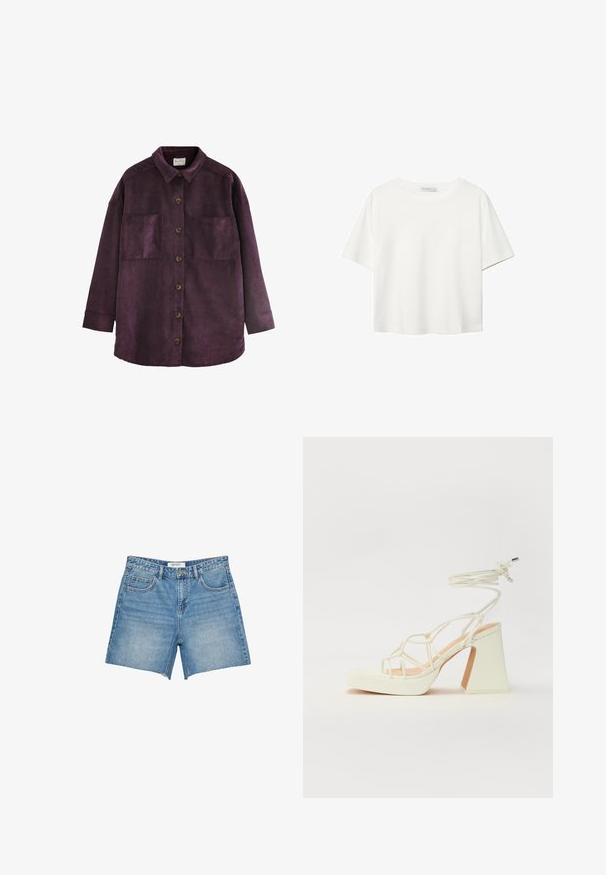 Next LIGHTWEIGHT SHACKET STANDARD - Manteau court - burgundy red; T-shirt blanc à manches courtes en coton. Doté d'un col ras du cou et d'une coupe décontractée. Texture lisse sans motifs ni accents visibles.; Shorts en denim bleu clair, coupe droite, avec un ourlet effiloché, cinq poches et une étiquette de marque sur la taille. Teinture uniforme et tissu robuste.; Sandale blanche à talons hauts avec un talon épais, présentant un design à lanières et un lien autour de la cheville. Texture lisse avec une plateforme à l'avant pour une hauteur supplémentaire.