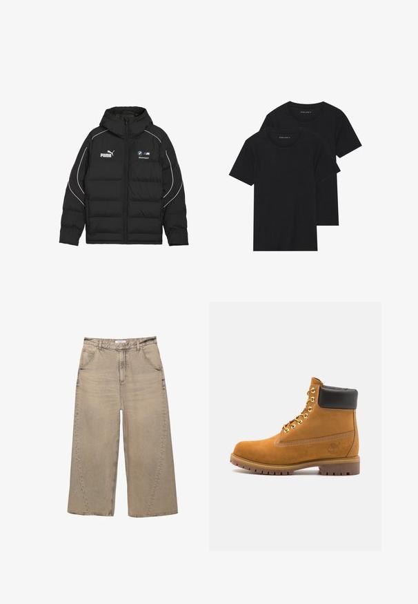 Musta puffatakki hupulla, jossa on valkoisia yksityiskohtia ja logot Puma ja BMW Motorsport. Paksu, tyynytty muotoilu eristykselle.; Kaksi mustaa puuvillapaitaa lyhyillä hihoilla, pyöreällä kauluksella ja sileällä pinnalla, esillä päällekkäin.; PULL&BEAR MEGA BAGGY - Baggy-farkut - light grey; Valkoinen nahkainen nilkkuri mustalla pehmustetulla kauluksella, kultaisilla metallisilla rei'illä, valkoisella ompeluksella ja jykevällä kumipohjalla, jossa on selvästi näkyvät urat.