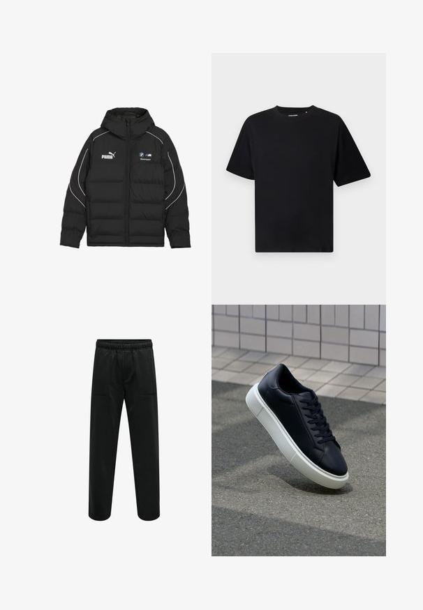 Black puffer jacket with hood, featuring white accents and logos for Puma and BMW Motorsport. Thick, quilted design for insulation.; Black short-sleeve crew neck T-shirt with a relaxed fit, displayed on a white background.; Black sweatpants made of soft fabric with an elastic waistband, two front pockets, and a loose, straight-leg design.; Black leather sneaker with rounded toe and white rubber sole. Features flat laces and minimal stitching on the upper. Textured sole for grip.