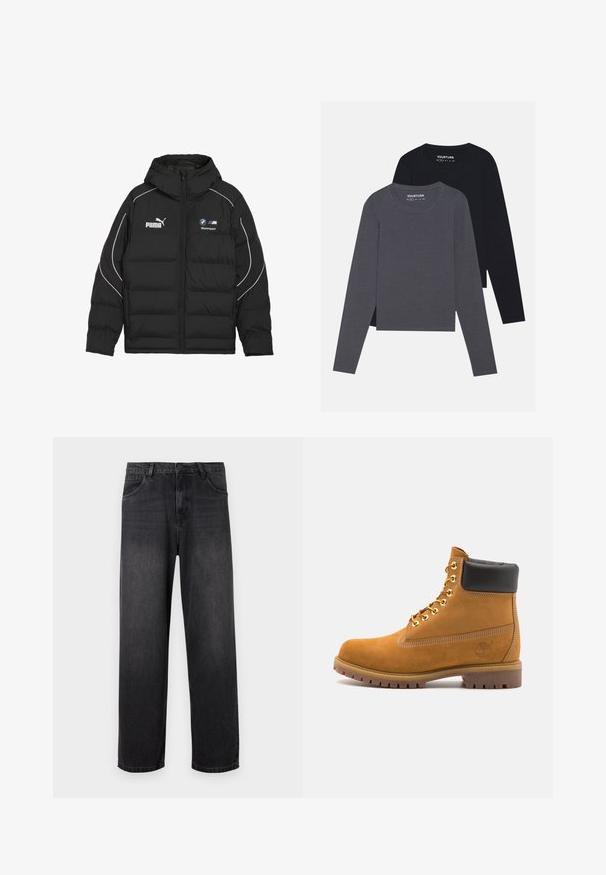 Musta puffatakki hupulla, jossa on valkoisia yksityiskohtia ja logot Puma ja BMW Motorsport. Paksu, tyynytty muotoilu eristykselle.; YOURTURN 2 PACK UNISEX - Pitkähihainen paita - dark grey/black; Tumma harmaat farkut suora lahjerakenteella, varustettuna vetoketjullisella haaroilla, viidellä taskulla ja hienovaraisilla haalistumis yksityiskohdilla kankaassa.; Valkoinen nahkainen nilkkuri mustalla pehmustetulla kauluksella, kultaisilla metallisilla rei'illä, valkoisella ompeluksella ja jykevällä kumipohjalla, jossa on selvästi näkyvät urat.