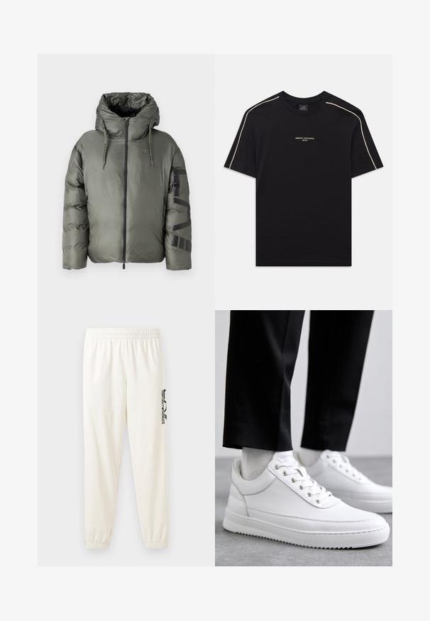 EA7 Emporio Armani GIUBBOTTO - Giacca invernale - beetle; T-shirt nera in cotone con maniche corte, collo rotondo, cuciture beige di accento sulle spalle e logo ARMANI EXCHANGE al centro.; Pantaloni sportivi beige chiaro con elastico in vita e polsini elasticizzati. Presenta un logo stampato nero sulla gamba sinistra. Tessuto morbido.; Sneakers bianchi in pelle con suola piatta in gomma, dotati di una finitura liscia, punta rotonda e occhielli in metallo per i lacci. Indossati con pantaloni neri.