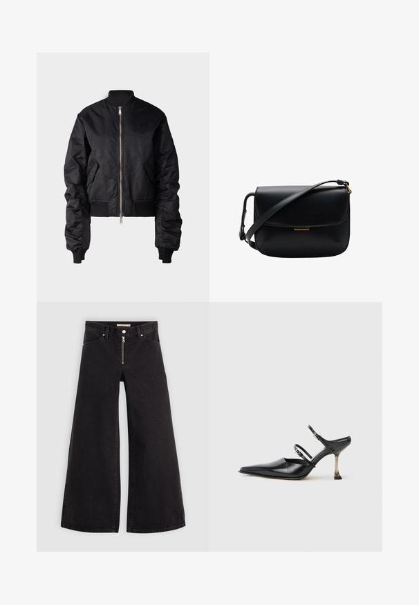 Won Hundred REYKJAVIK - Pilotska jakna - black; Bijela bezrukavna rebrovana majica s visokim izrezom i prilagođenim krojem, izrađena od mekog, teksturiranog materijala.; Široke traperice od crnog denima s prednjim zatvaračem, dizajnom s pet džepova i suptilnim detaljima šivanja. Glatka tekstura i ležeran stil.; Crne kožne cipele s istaknutim prstima i remenima koje se mogu podešavati s metalnom potpeticom. Glatka tekstura i minimalistički dizajn.; Crna kožna torba preko ramena s preklopom i podesivim remenom, s malim pravokutnim zlatnim detaljem.