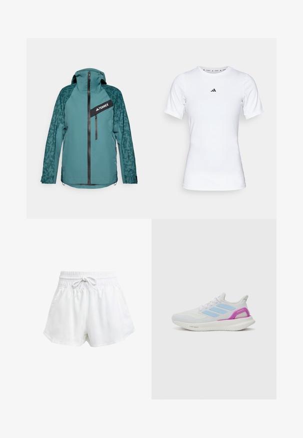 adidas Terrex Hardshelljacke - aurora ivy/preloved teal; Weißes Sportshirt mit kurzen Ärmeln, aus glattem, dehnbarem Stoff. Mit kleinem schwarzem Adidas-Logo auf der Brust.; Weiße Sportschorts mit elastischem Bund und einstellbarem Kordelzug. Hergestellt aus leichtem Material, mit seitlichen Taschen und lockerer Passform.; adidas Performance PUREBOOST 5 - Laufschuh Straße - white/glow blue/purple burst