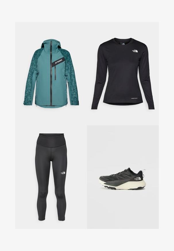 adidas Terrex Hardshelljacke - aurora ivy/preloved teal; The North Face SHADOW LONG SLEEVE - Langarmshirt - black; Hoch taillierte schwarze Leggings aus einem glatten, dehnbaren Stoff. Mit einem Logo am Unterschenkel und einer engen Länge bis zum Knöchel.; Schwarzer Sportschuh mit strukturiertem Obermaterial, ausgestattet mit grauen Akzenten und einer weißen Zwischensohle. Enthält eine Zuglasche und ein markantes Markenlogo an der Ferse.