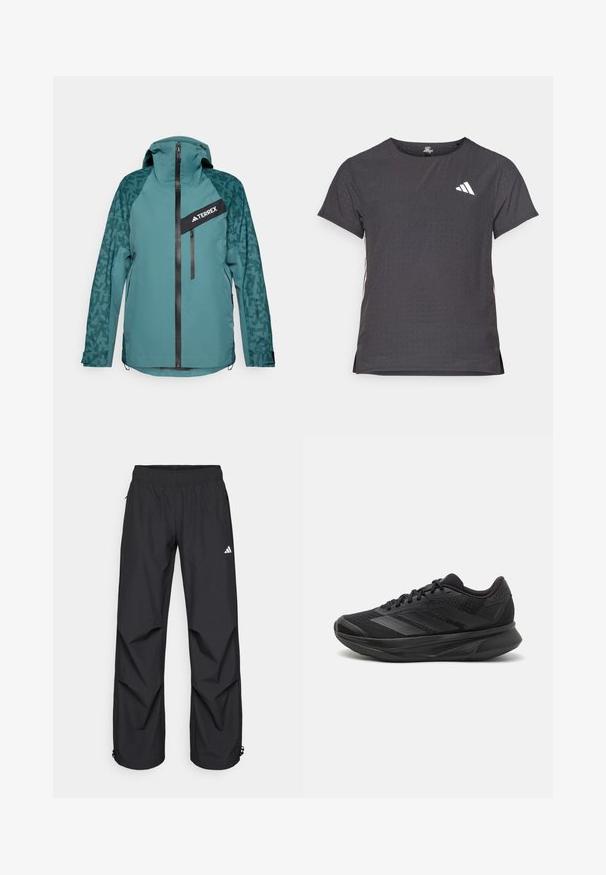 adidas Terrex Hardshellová bunda - aurora ivy/preloved teal; Kraťasový sportovní tričko, tmavě šedé barvy s perforovanou texturou. Obsahuje bílé logo a kontrastní boční pruhy. Kulatý výstřih.; Černé, lehké, voděodolné kalhoty s elastickým pasem, bočními kapsami a nastavitelnými manžetami. Na levém stehně je bílá značka.; Černé běžecké boty s prodyšným síťovaným svrškem, kulatou špičkou, elegantním designem, texturovanými detaily a polstrovanou podrážkou pro pohodlí.