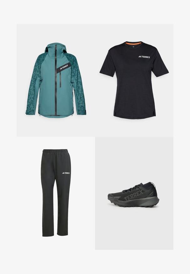 adidas Terrex Giacca hard shell - aurora ivy/preloved teal; T-shirt nero a maniche corte con scollo rotondo, caratterizzato da una leggera texture mélange e dal logo bianco "TERREX" sul lato superiore sinistro.; Pantaloni leggeri neri con elastico in vita. Presentano un discreto logo "TERREX" in bianco. Tessuto morbido e design a gamba dritta.; Scarpe da corsa Terrex nere con tomaia testurizzata, suola rigida e branding prominente. Presentano un tallone imbottito per supporto e trazione.