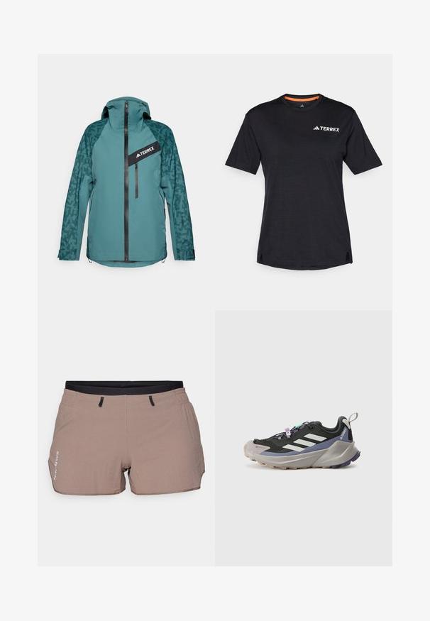 adidas Terrex Hardshell jakna - aurora ivy/preloved teal; Črna kratkosleča majica s krocnim ovratnikom, ki ima subtilno heather teksturo in belo "TERREX" logo na zgornji levi strani.; Bež kratke hlače iz lahkega materiala, z teksturiranim vzorcem, elastičnim pasom z črnimi detajli ter dvema stranskima žepoma.; Črne športne čevlje z Gore-Tex zgornjim delom, belimi črtami, vijoličnimi akcenti, debelim sivim srednjim podplatom in strukturiranim sivim zunanjim podplatom za boljši oprijem.