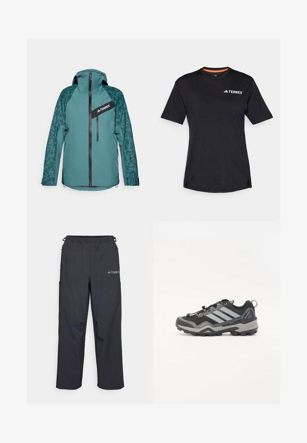 adidas Terrex Hardshelljacke - aurora ivy/preloved teal; Schwarzes Kurzarm-T-Shirt mit Rundhalsausschnitt, das eine dezente melierte Textur aufweist und ein weißes "TERREX"-Logo auf der oberen linken Seite hat.; Schwarze, leichte Outdoor-Hosen mit elastischem Bund, Seitentaschen und einem Logo am oberen rechten Bein. Glattes, wasserabweisendes Material.; Schwarzer und grauer Wanderschuh mit strukturiertem Obermaterial, Gummisohle und drei auffälligen grauen Streifen an der Seite; verfügt über ein schnelles Schnürsystem.