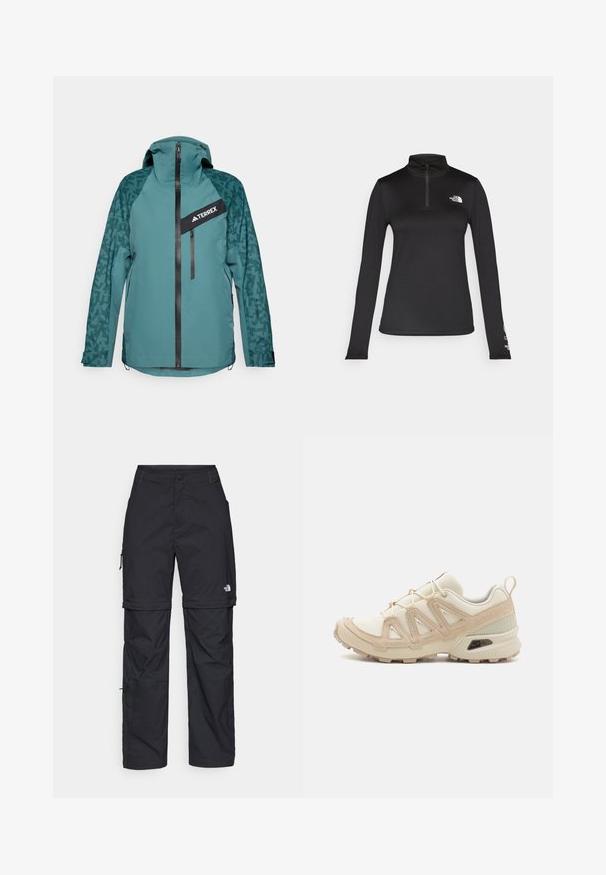 adidas Terrex Hardshell jacket - aurora ivy/preloved teal; The North Face FLEX 1/4 ZIP GRAPHIC - Long sleeved top - black; Black nylon zip-off cargo trousers with adjustable cuffs, multiple pockets, and a logo on the right leg. Smooth, lightweight texture.; Beige and cream athletic shoe with textured mesh upper, supportive overlays, and rubber outsole featuring a tread pattern for traction.