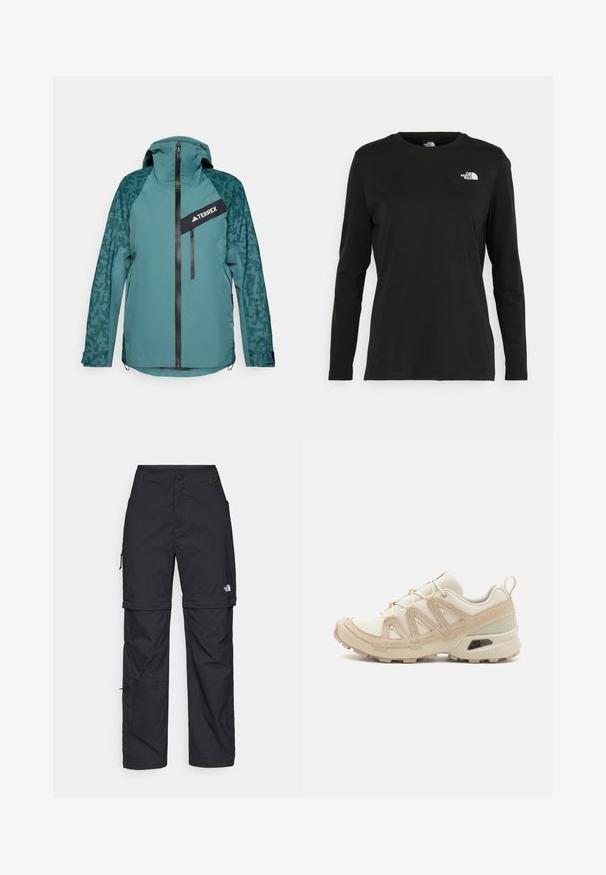 adidas Terrex Hardshell-jas - aurora ivy/preloved teal; Zwart langsluiting T-shirt van katoen met een ronde hals. Heeft een klein wit logo op de linkerkant van de borst. Eenvoudig ontwerp en pasvorm.; Zwarte nylon cargo broek met afneembare pijpen, verstelbare manchetten, meerdere zakken en een logo op het rechterbeen. Gladde, lichte textuur.; Beige en crème sportschoen met een textuur-mesh bovenwerk, ondersteunende overlays en een rubberen zool met een profielpatroon voor grip.