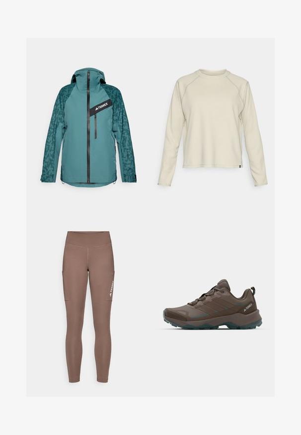 adidas Terrex Chaqueta Hard shell - aurora ivy/preloved teal; Top de manga larga beige claro con un diseño texturizado y acanalado. Presenta mangas raglán y un escote redondeado. Sutil logo de la marca en el dobladillo.; Mallas deportivas marrones con una cintura alta, que cuentan con bolsillos laterales y un logo blanco. Tejido suave y elástico para mayor comodidad y movilidad.; Zapatos de senderismo grises y verde azulado con paneles de malla, parte superior texturizada y suela de goma resistente. Cuenta con lengüeta acolchada y diseño de cordones.