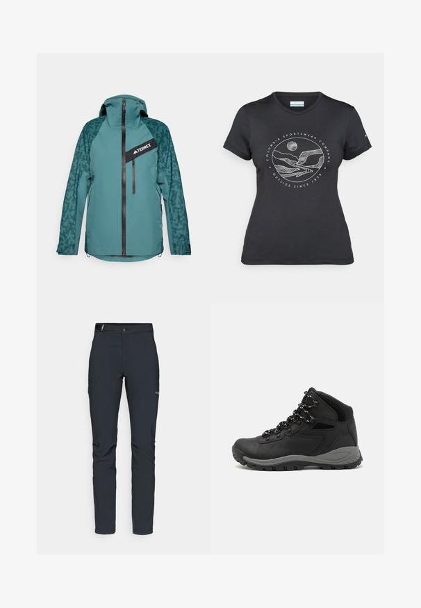 adidas Terrex Hardshell jacket - aurora ivy/preloved teal; Black Columbia t-shirt with white circular mountain and river line art and text "Columbia Sportswear Company Outside Since 1938."; Men's outdoor pants, dark gray, made from flexible material, featuring a belt, zippered pockets, and reinforced stitching.; Black hiking boot with a mid-top design, featuring a textured upper, gray accents, and durable rubber sole with traction lugs.