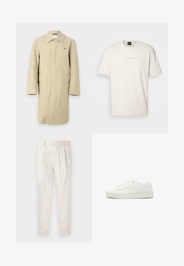 Beige raincoat with a collared neck, long sleeves, and side pockets. Features a small green logo on the chest. Smooth, lightweight fabric.; BOSS TEE - Basic T-shirt - open white; White, pleated trousers with a tailored fit, featuring a smooth texture, belt loops, and tapered legs. No visible pockets or patterns.; White leather sneaker featuring a textured upper, a round toe, minimalistic design, and a rubber sole with stitched detailing.