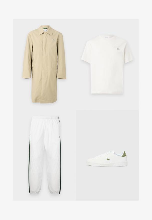 Béžový dáždnik s golierom, dlhými rukávmi a bočnými vreckami. Na hrudi je malá zelená nášivka. Hladký, ľahký materiál.; Biela bavlnená tričkovo s krátkymi rukávmi, s jemne vyšitým logom a minimalistickým dizajnom. Mäkká textúra, okrúhly výstrih.; Biele športové nohavice s tmavozelenými bočnými panelmi. Ľahký materiál, elastický pás a sťahované lemy. Obsahujú sieťovinovú textúru na bočných paneloch.; Biele tenisky s hladkým povrchom, s zeleným akcentom na päte a malým vyšitým logom krokodíla na boku.