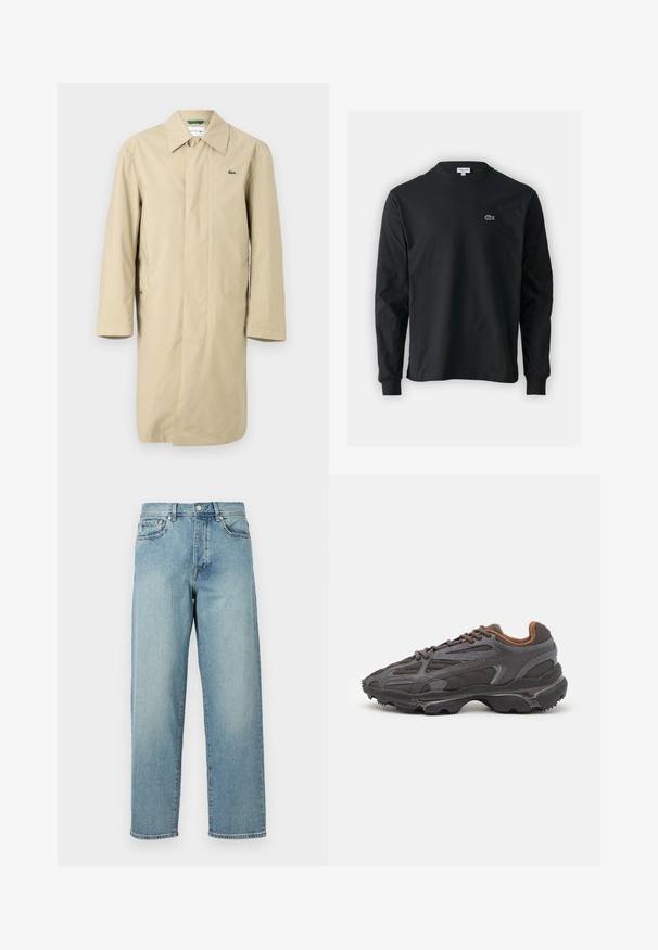 Beige esőkabát, galléros nyakkal, hosszú ujjakkal és oldalsó zsebekkel. A mellkasán egy kis zöld logó található. Simább, könnyű anyag.; Fekete hosszú ujjú pamut póló, kerek nyakkivágással, bal mellen egy kis zöld hímzett krokodil logóval.; Világoskék farmernadrág laza szabással, egyenes lábakkal, öt zsebes dizájnnal és gombos derékkal. Minimalista varrási részletek.; Sötét szürke Lacoste sportcipők hálós és szintetikus anyagból, textúrázott talppal és barna díszítésekkel a nyak részen és a logón.