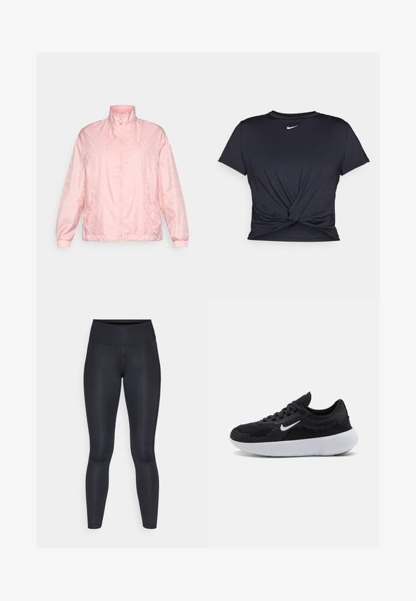 Light pink, zip-up jacket with a high collar, featuring a subtle pattern, elastic cuffs, and a slightly glossy fabric texture.; Black athletic t-shirt made of smooth fabric, featuring a knotted front design and a small white Nike logo on the chest.; Black leggings made of smooth, stretchy fabric. High waist with no visible patterns or accents. Fit closely from waist to ankles.; Black athletic shoe with a mesh upper, textured design, round toe, white rubber sole, and a Nike logo on the side.